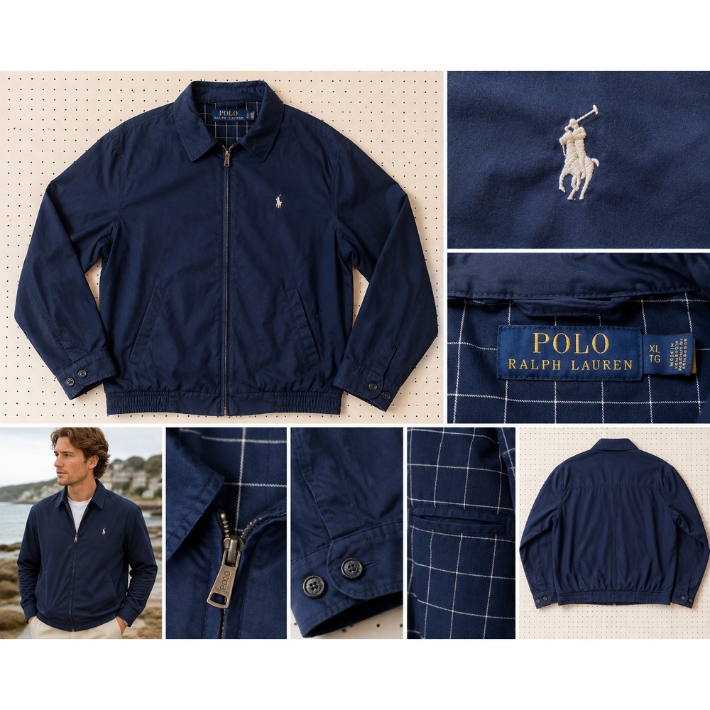 Polo Ralph Lauren Men Bi-Swing Windbreaker Jacket Navy Blue XL Windowpane Lining